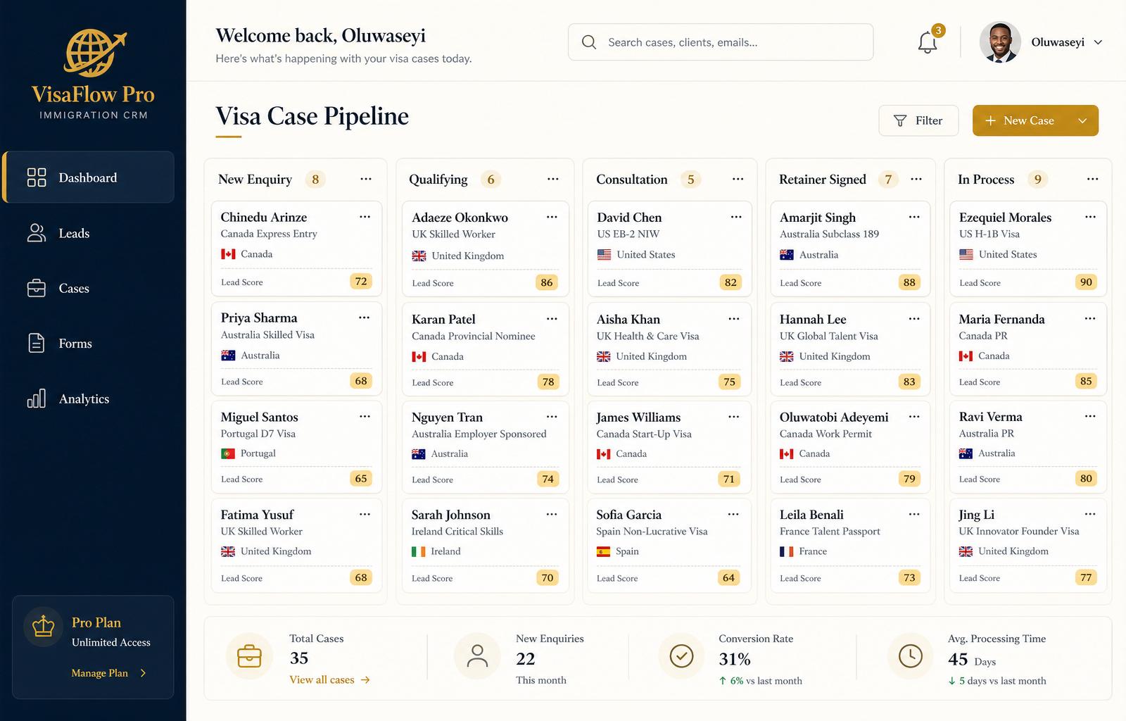 VisaFlow Pro dashboard showing immigration case pipeline, lead scoring, and revenue analytics